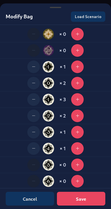 Bag modifier showing token counts with + and - buttons