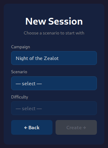 Scenario picker showing campaign, scenario and difficulty dropdowns