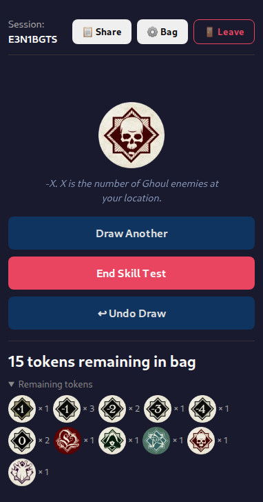Drawn token with effect text and remaining token list expanded
